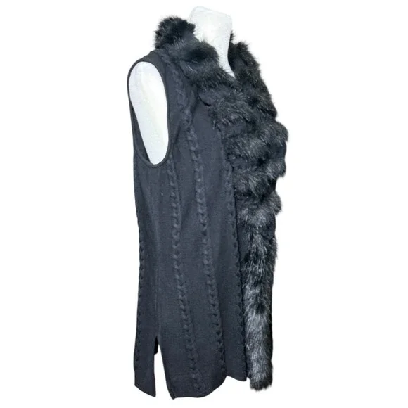 Ming Wang Sweater Vest Women L Black Faux Fur Trim Cable Knit Quiet Luxury Chic - Picture 8 of 15